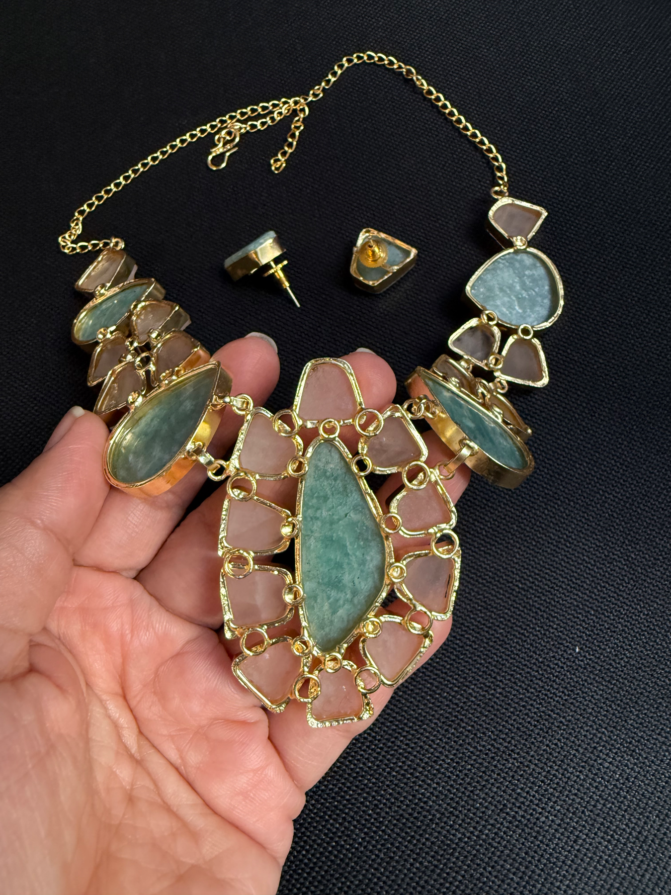 Green & Pink Natural Stone Necklace Set