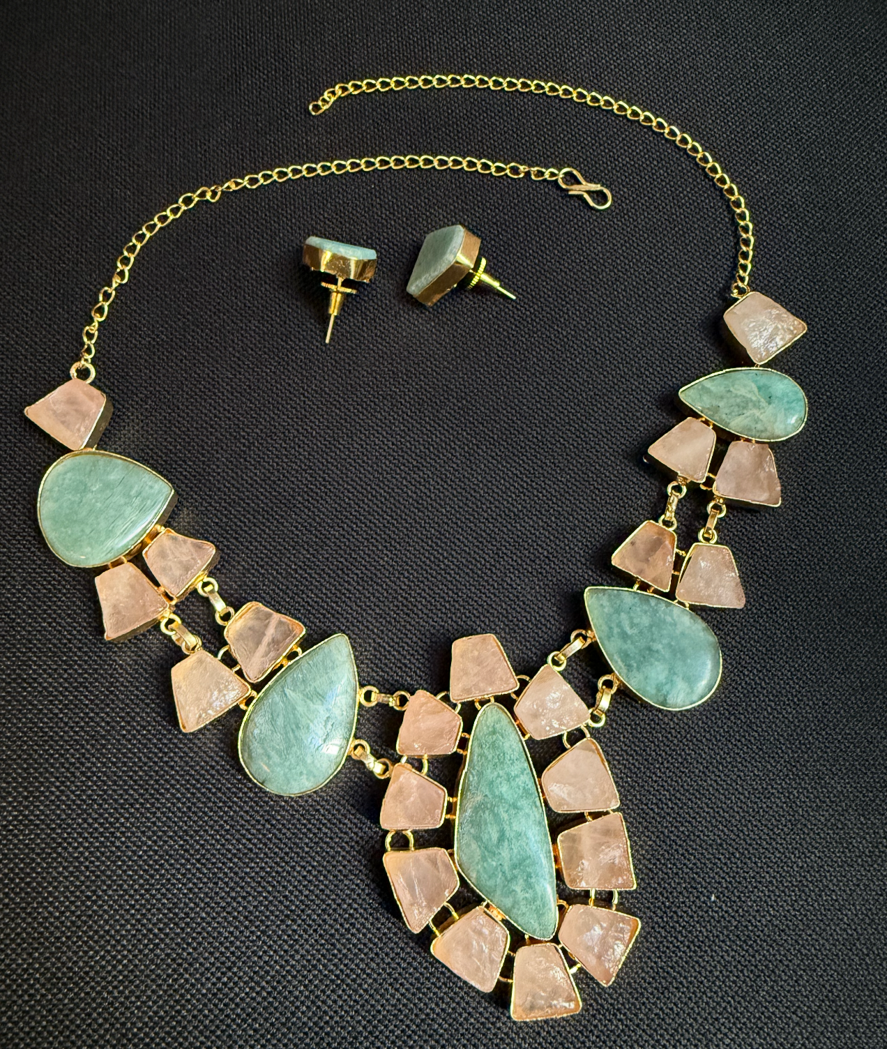 Green & Pink Natural Stone Necklace Set