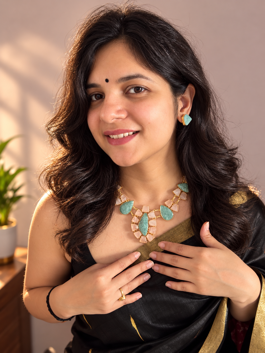 Green & Pink Natural Stone Necklace Set