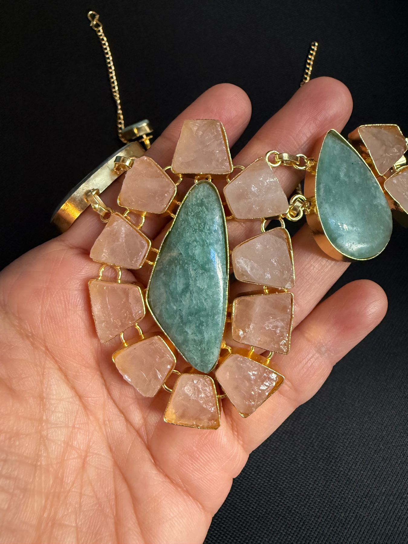 Green & Pink Natural Stone Necklace Set